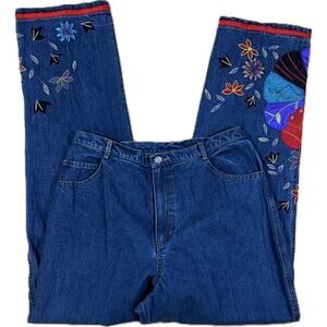 VTG Chicos Design Embroidered Floral Jeans Size 2 Boho 90s Denim Pants Art Retro